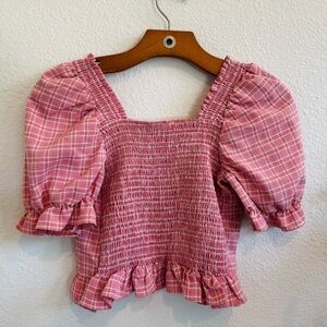 Pink Plaid Smocked Puff Sleeve Top